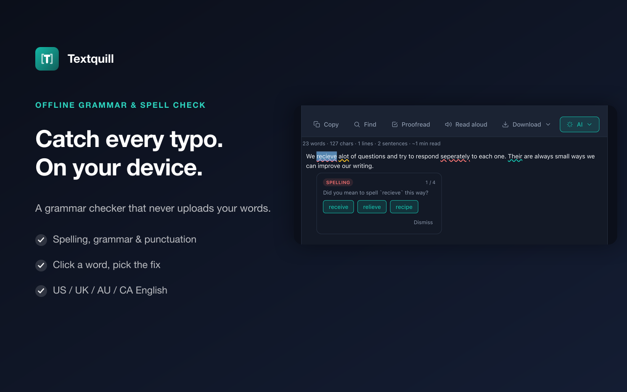 Textquill grammar checker in the app — spelling and grammar underlines with one-click suggestions