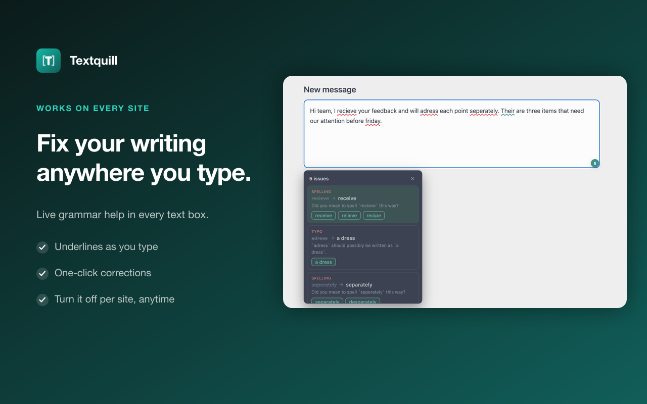 Textquill inline grammar checker underlining mistakes in a text box on any website